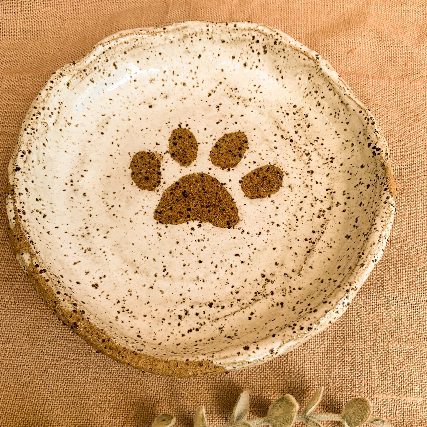Handmade Cat Bowl, paw print, overhead shot