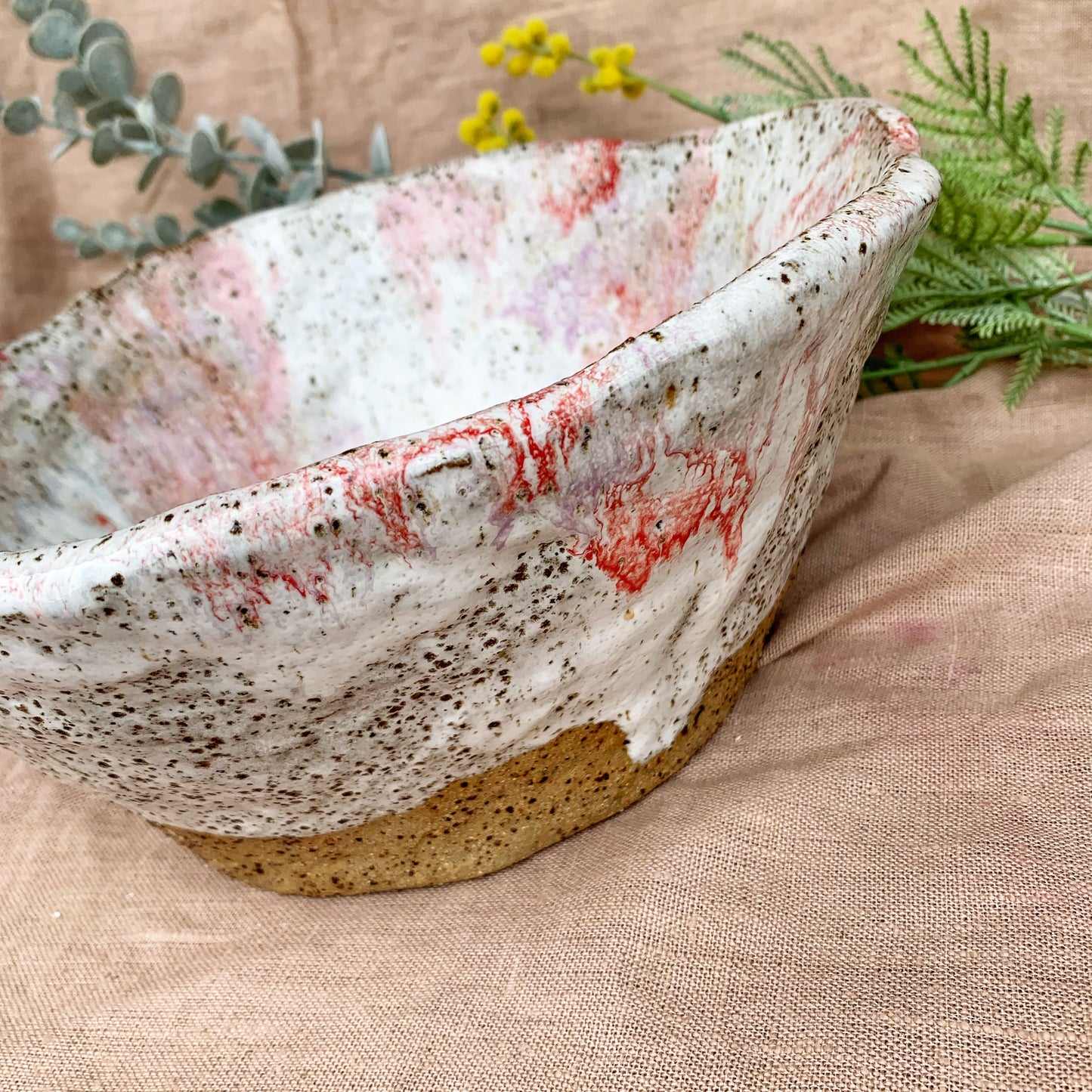 Handmade salad bowl, pink, rustic, cropped shot