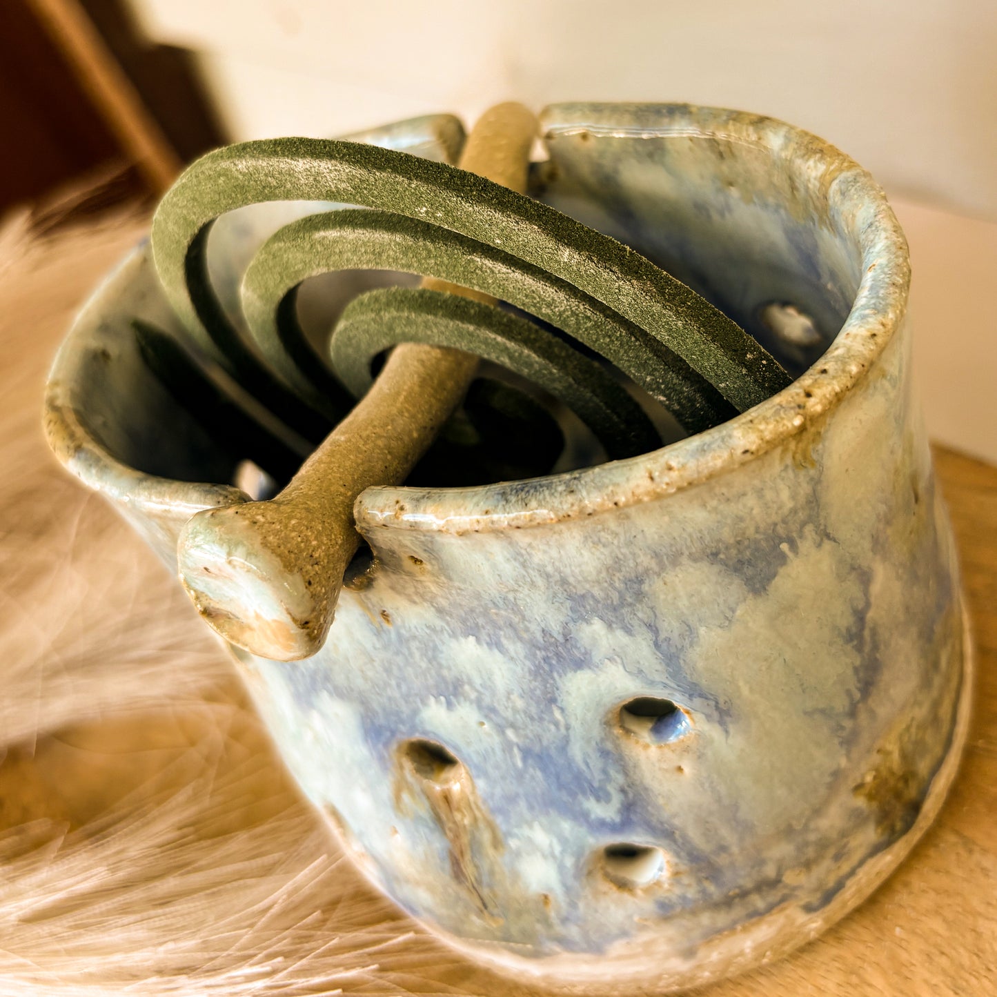 Handmade mosquito coil holder, bluey, side close shot