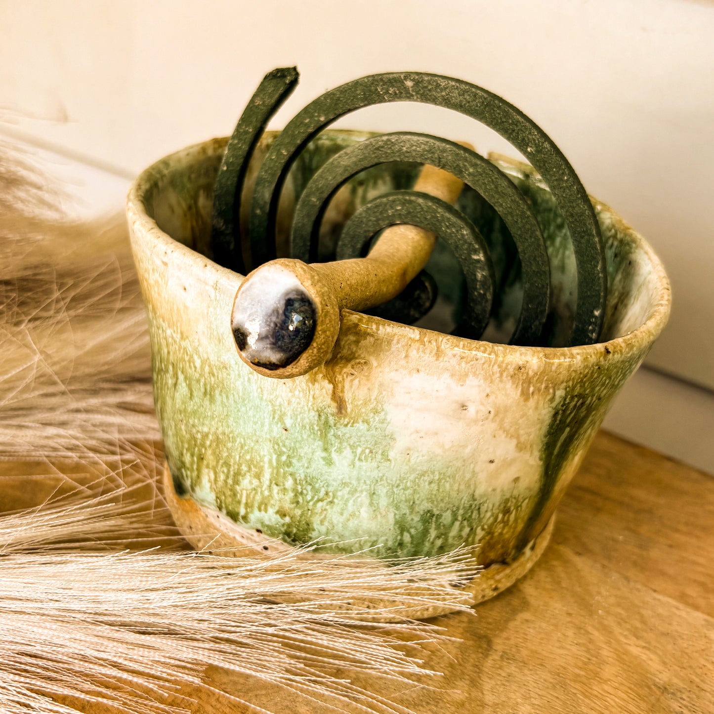 Handmade mosquito coil holder, greeny, front shot