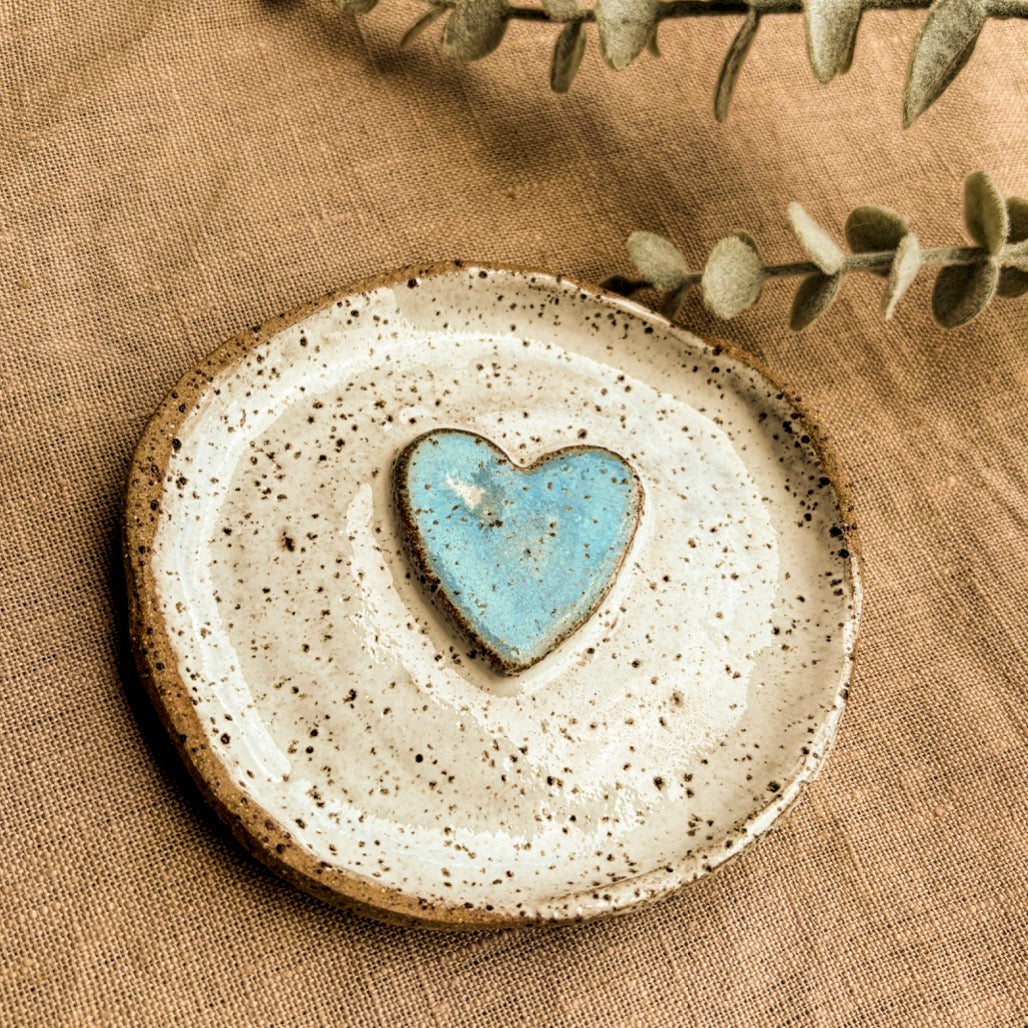 Handmade blue heart jewellery dish Above shot