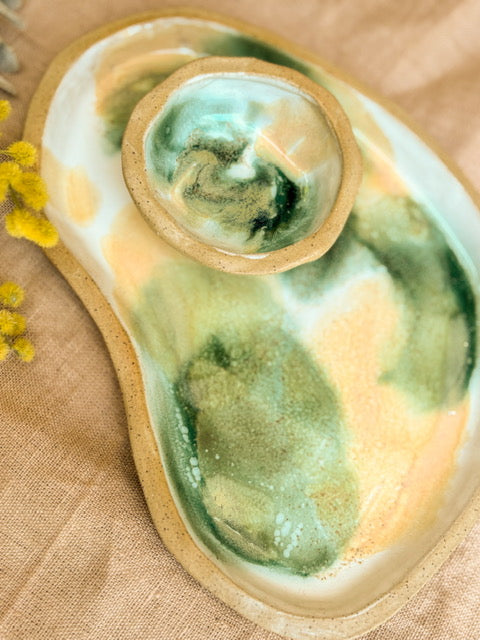Handmade Platter & Dipping Dish, Green Envy