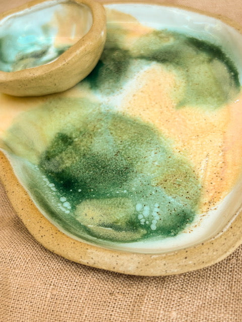 Handmade Platter & Dipping Dish, Green Envy