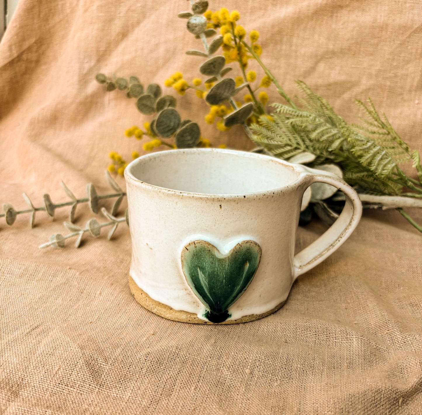 Handmade Mug, Green Heart Drip